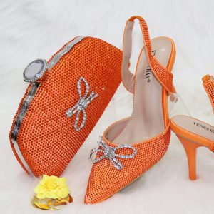 Ladies Bow Silver Buckle Design Pointed High Heels And Bags