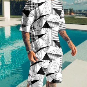 Digital Printing Men Summer Short-sleeved Beach Pants Suit