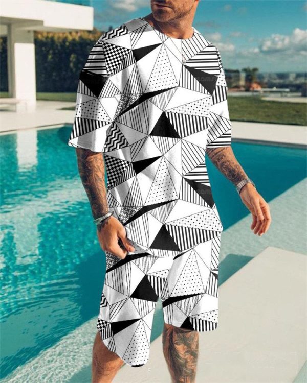 Digital Printing Men Summer Short-sleeved Beach Pants Suit