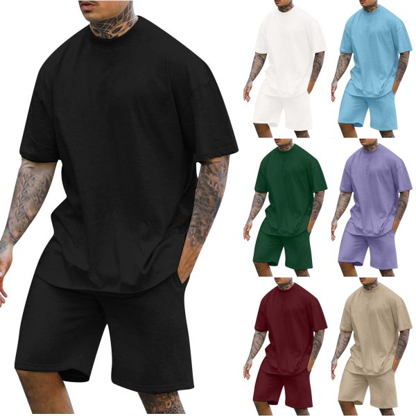 ~New Men's Round Neck Drop Shoulder Short Sleeve T-shirt Top Shorts Two-piece Set