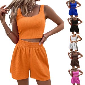 Sweet Knitted Suit Summer Square Neck Vest Top And Elastic Shorts Fashion Casual Solid Color 2Pcs Set Womens Clothing