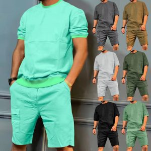 ~Men's Sports Suits Summer Round Neck Short-sleeved Top And Multi-pocket Shorts Casual Trendy 2pcs Set Clothing